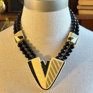 Bold Ceramic Geometric Necklace, 80s Statement Beads